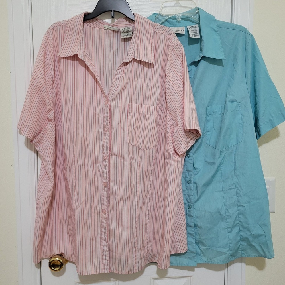 White Stag Womens 2X Short Sleeve Button Up Shirt Bundle Aqua Pink Stripe 2pc